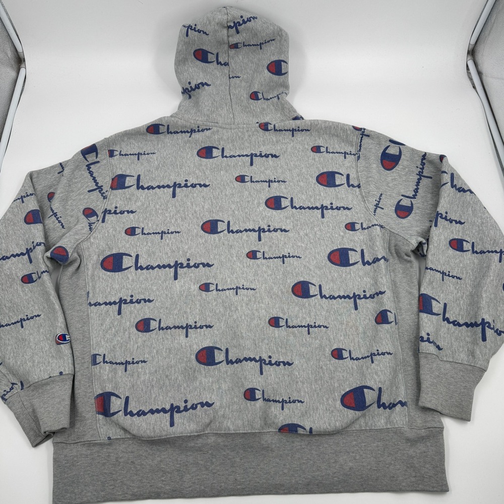 Champion Reverse Weave All Over Print Logo Hoodie Sweatshirt Men's X Large Gray - Picture 8 of 10